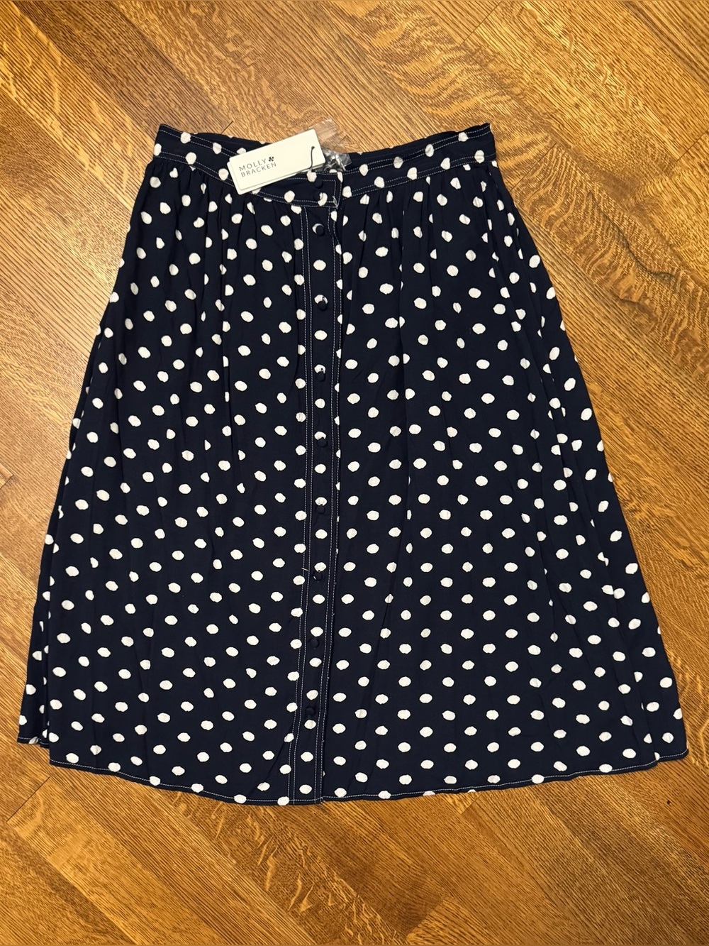 Timeless Molly Bracken Navy and White Polka Dot Midi Skirt NWT.